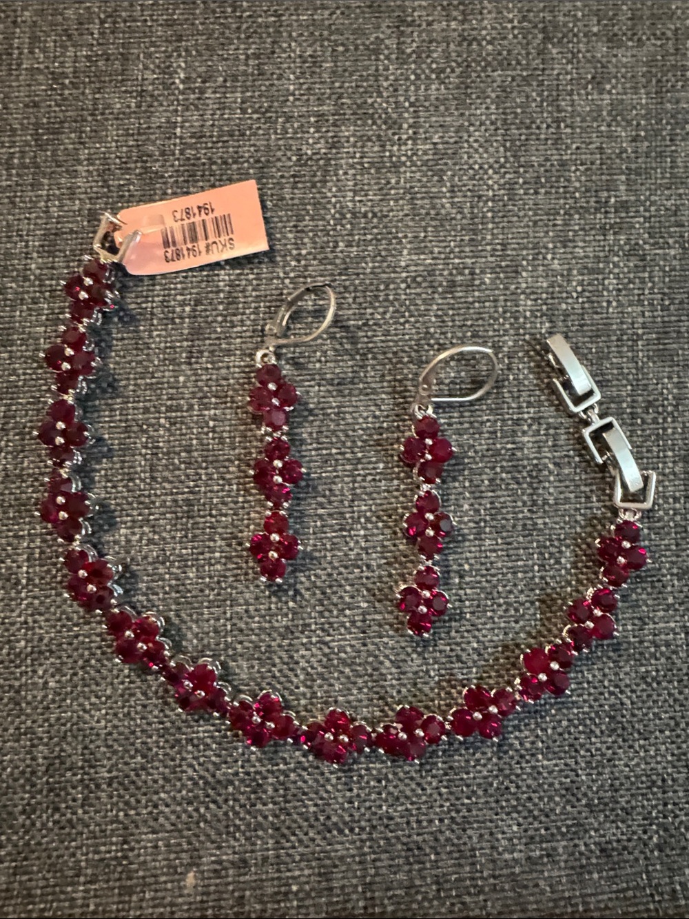 Silver Floral Ruby-Red Bracelet and Earrings Set